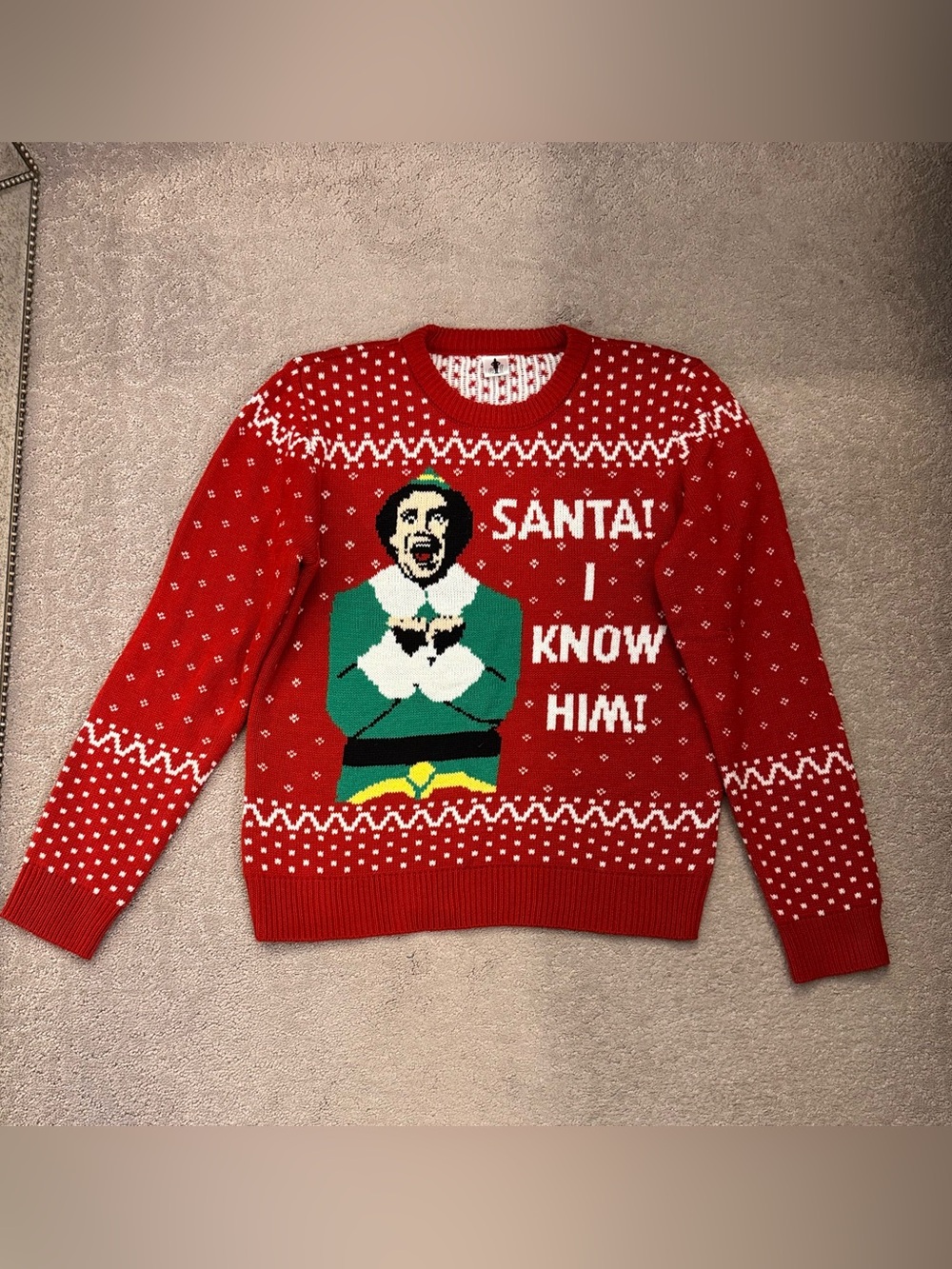 Red “Elf” 'Santa! I Know Him!' Christmas Sweater like new!